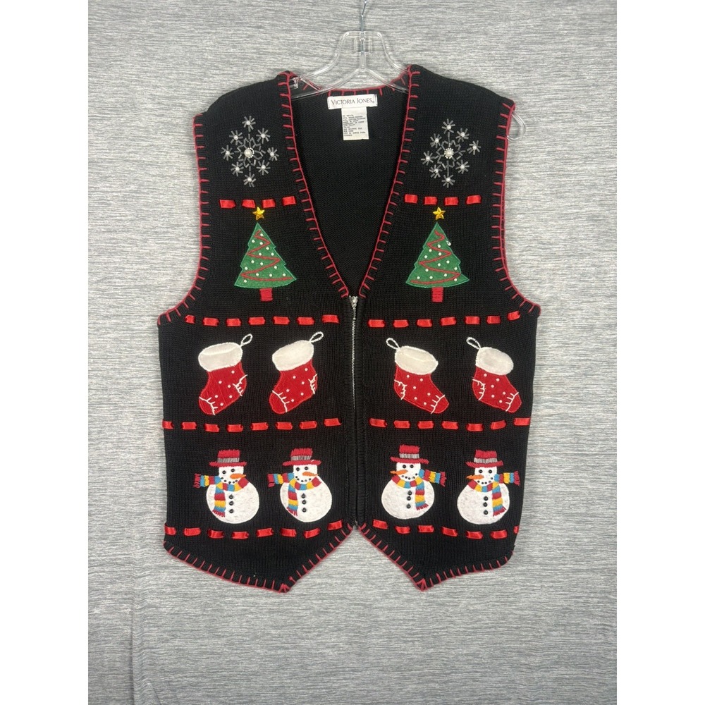 VTG Victoria Jones Christmas Cardigan Sweater M Black Beaded Embroidered Cottage
